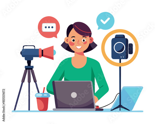 vector of a content creator speaking into a camera with microphone, ring light and laptop behind, isolated on white
