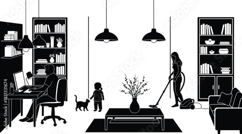 Modern home interior, multitasking family, working from home, vacuuming, parenting, silhouette illustration, domestic lifestyle, cozy living room, vector art