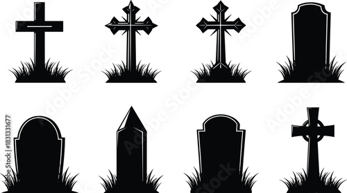 Cemetery gravestone and cross silhouettes vector collection, set of various tombstone icons with grass, religious and Halloween cemetery elements, spooky funeral memorial markers design.