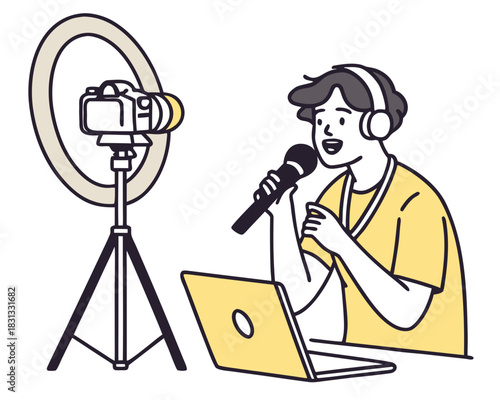 vector of a content creator speaking into a camera with microphone, ring light and laptop behind, isolated on white

