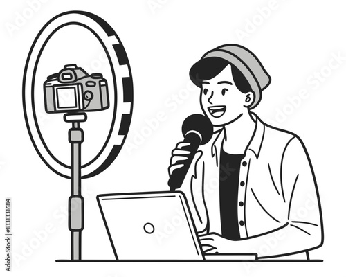 vector of a content creator speaking into a camera with microphone, ring light and laptop behind, isolated on white
