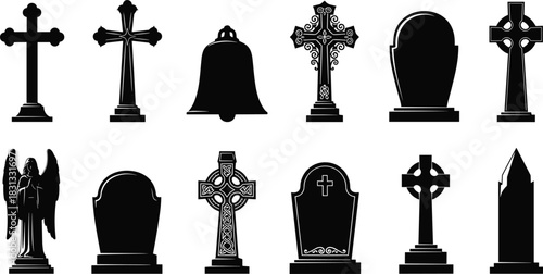 Cemetery Gravestone and Cross Silhouette Collection, Funeral Monuments, Tombstone, Angel Statue, Bell, and Celtic Crosses Icon Set, Isolated Vector Design Elements