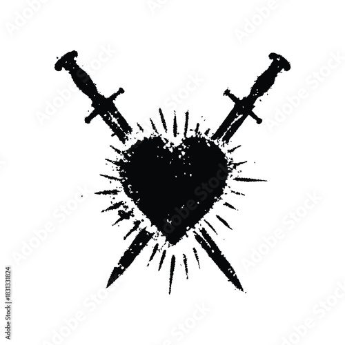 Black and white grunge illustration of a thorny heart pierced by a sword in retro vintage style