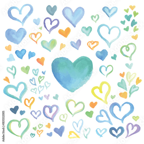 Vector illustration filled with blue watercolor hearts