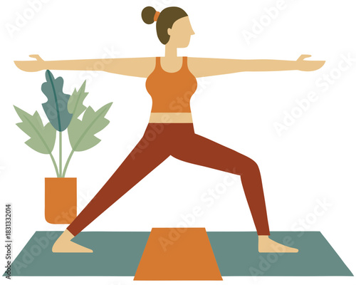 vector of a calm yoga teacher demonstrating Warrior II pose on mat with minimal props, white background
