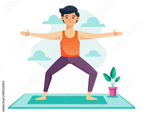 vector of a calm yoga teacher demonstrating Warrior II pose on mat with minimal props, white background
