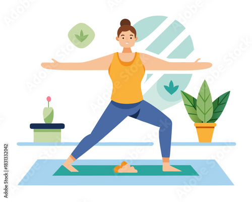 vector of a calm yoga teacher demonstrating Warrior II pose on mat with minimal props, white background
