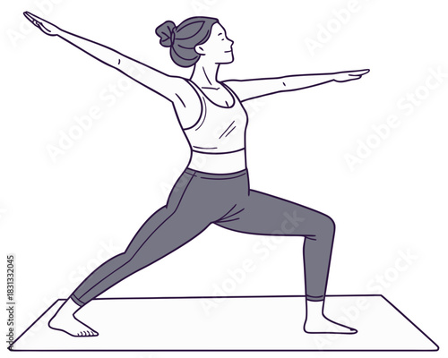 vector of a calm yoga teacher demonstrating Warrior II pose on mat with minimal props, white background
