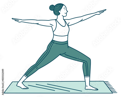 vector of a calm yoga teacher demonstrating Warrior II pose on mat with minimal props, white background
