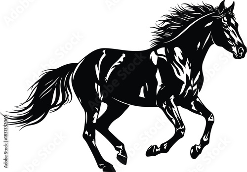 Running horse silhouette, black and white vector, dynamic motion, flowing mane, muscular pose, animal power, equine elegance, wild spirit, illustration art
