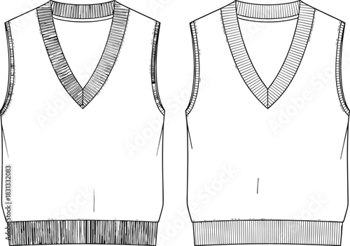 Classic Unisex V-Neck Sweater Vest Technical Fashion Flat Sketch CAD Drawing with Wide Ribbed Neckline and Hem, Layering Apparel Design Template Vector
