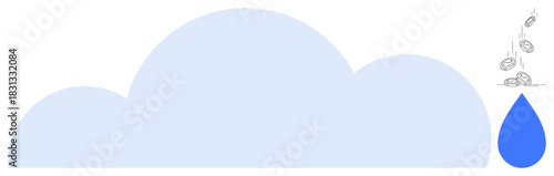 Large cloud releasing coins and water droplet symbolizing data transformation, resource allocation, digital storage, innovation, sustainability, and economic flow. Ideal for cloud computing, data