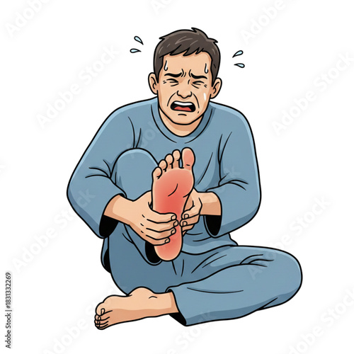 A man is experiencing pain in the sole of his foot, which is marked in red. Isolated on a white background.