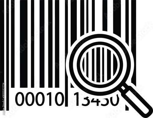 Magnifying glass examining a barcode for product identification and data scanning analysis vector