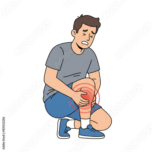 A man experiencing cramps in his calf marked in red. Isolated on a white background.