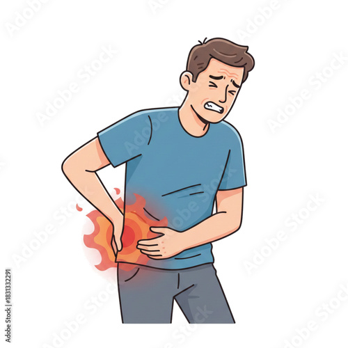 A man experiencing back pain is marked in red. Isolated on a white background.