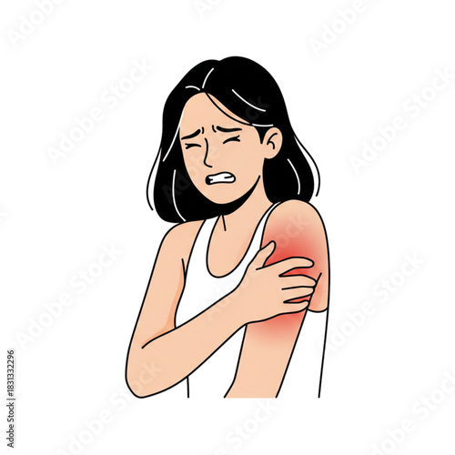 Illustration of a woman experiencing pain in the base of her arm marked in red, isolated on a white background.