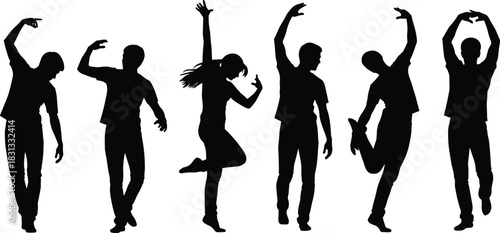 Set of active young people dancing black silhouette vector illustration, rhythmic movement, energetic poses, happy dancers, leisure party club entertainment, isolated on white background.