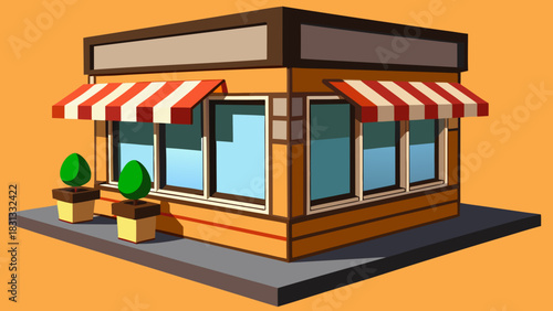 Cartoon cafe building with awning in an urban street scene