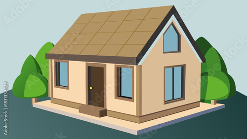Minimalist tiny home with beige angled rooftop in simple view