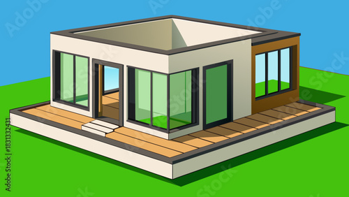 Modern minimalist house with large windows and wooden deck