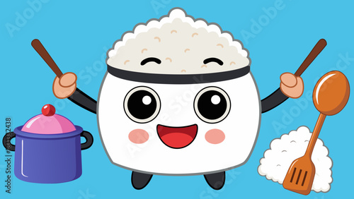 Smiling Cartoon Rice Cooker Character on Blue Background