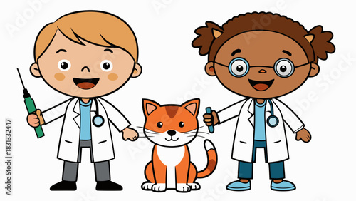 Cartoon child veterinarians with cat and stethoscope