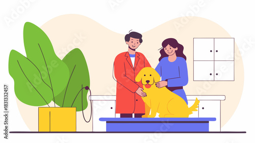 A happy dog with two people in a veterinary clinic