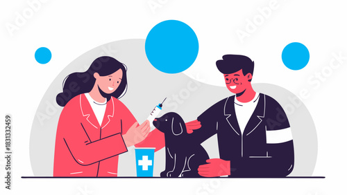 Veterinarians giving a puppy an injection in a clinic
