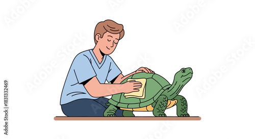 Man cleaning a turtle with a cloth in a caring gesture