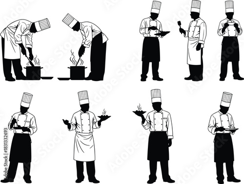 Set of chefs in various cooking poses black and white vector illustration, professional food preparation, kitchen work, restaurant service, culinary expert, isolated on white background.