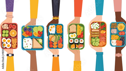 Diverse Hands Holding Healthy Bento Lunch Boxes - Vector Illustration of Balanced Meals and Inclusivity