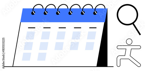 Desk calendar with spiral binding, magnifying glass, and running figure. Ideal for schedule management, planning, time optimization, event organization, productivity, task prioritization simple flat