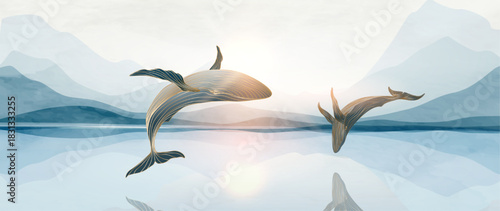 Minimalistic landscape art background with mountains and ocean with whales in cool tones with watercolor texture. A natural banner for decor, prints, wallpaper, packaging, and interiors.