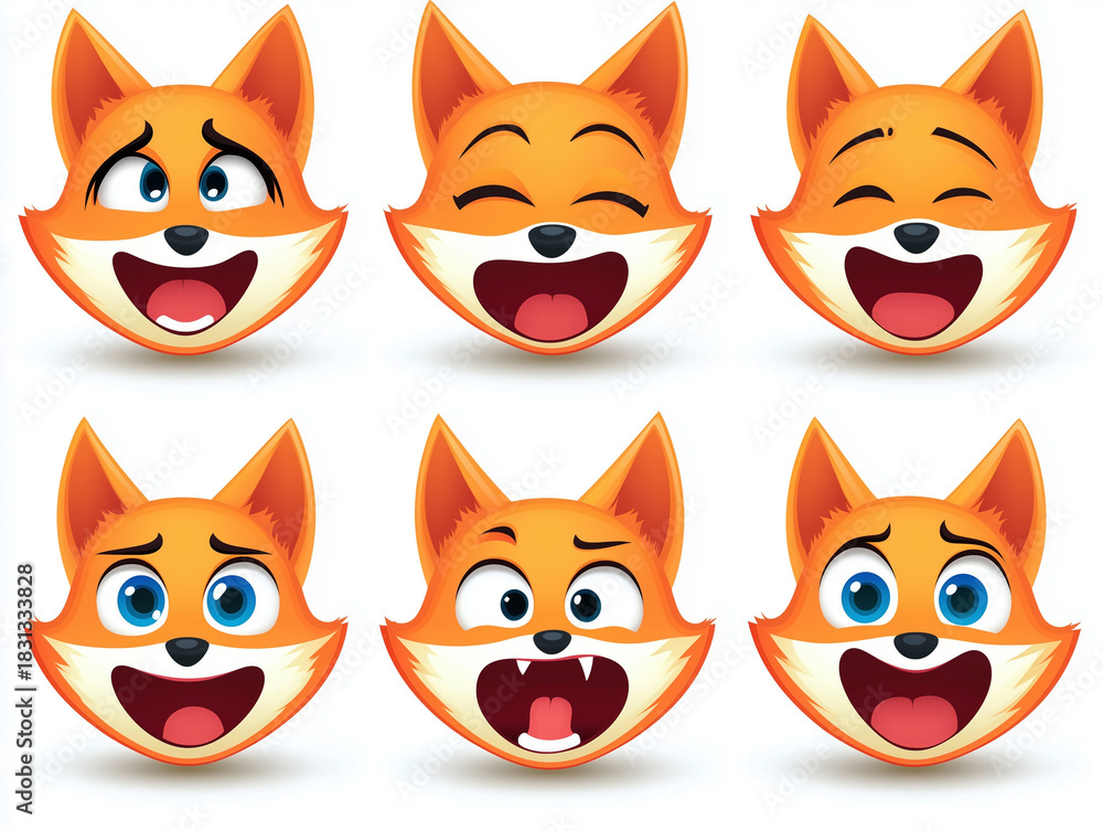 Fototapeta premium Cartoon fox character showing various emotions and facial expressions