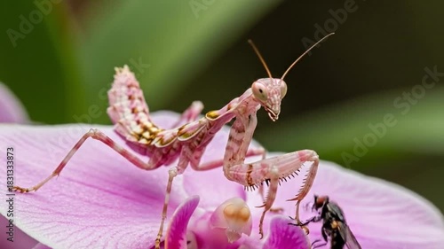 Pink spiny flower mantis catching a fly on a petal