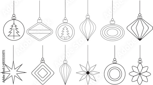 12 line-art illustrations of assorted Christmas ornaments