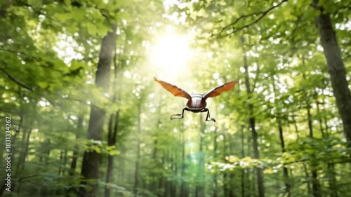 Stag beetle taking flight and landing in forest