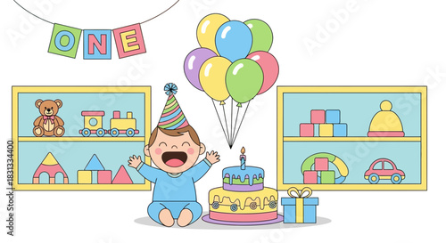 First Birthday Celebration Illustration with Toys and Decorations in Pastel Colors