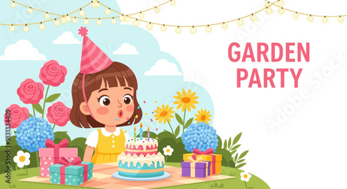 Illustration of a joyous garden party celebration with a birthday girl