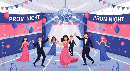 Festive prom night celebration with dancing students, disco ball and decorations