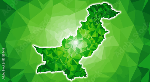 Green geometric map of Pakistan with shining bright lights representing the nation's energy and growth