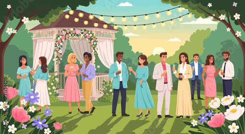 An elegant garden party with diverse guests celebrating under glowing lights