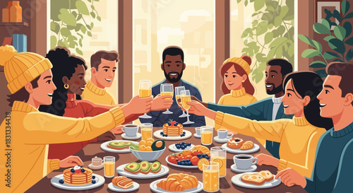 Diverse group toasting at brunch illustration with warm aesthetic setting