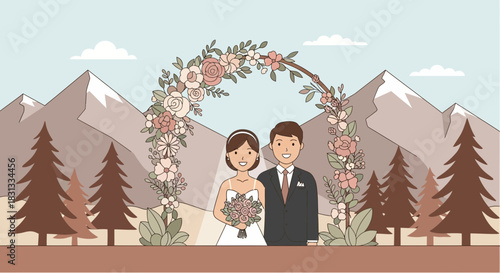 Stylized mountain wedding illustration featuring a happy couple and floral arch