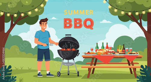 Illustrated Summer BBQ Scene Featuring a Man Grilling in a Festive Setting