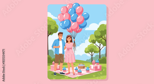 Joyful couple celebrate a baby gender reveal with pink and blue balloons at picnic