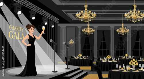 Elegant woman on stage at a charity gala event in a grand ballroom