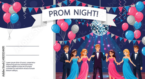 Elegant Prom Night Celebration with Dancing Couples and Festive Decoration