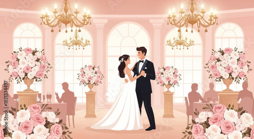 Elegant wedding scene featuring a couple's first dance in a ballroom setting